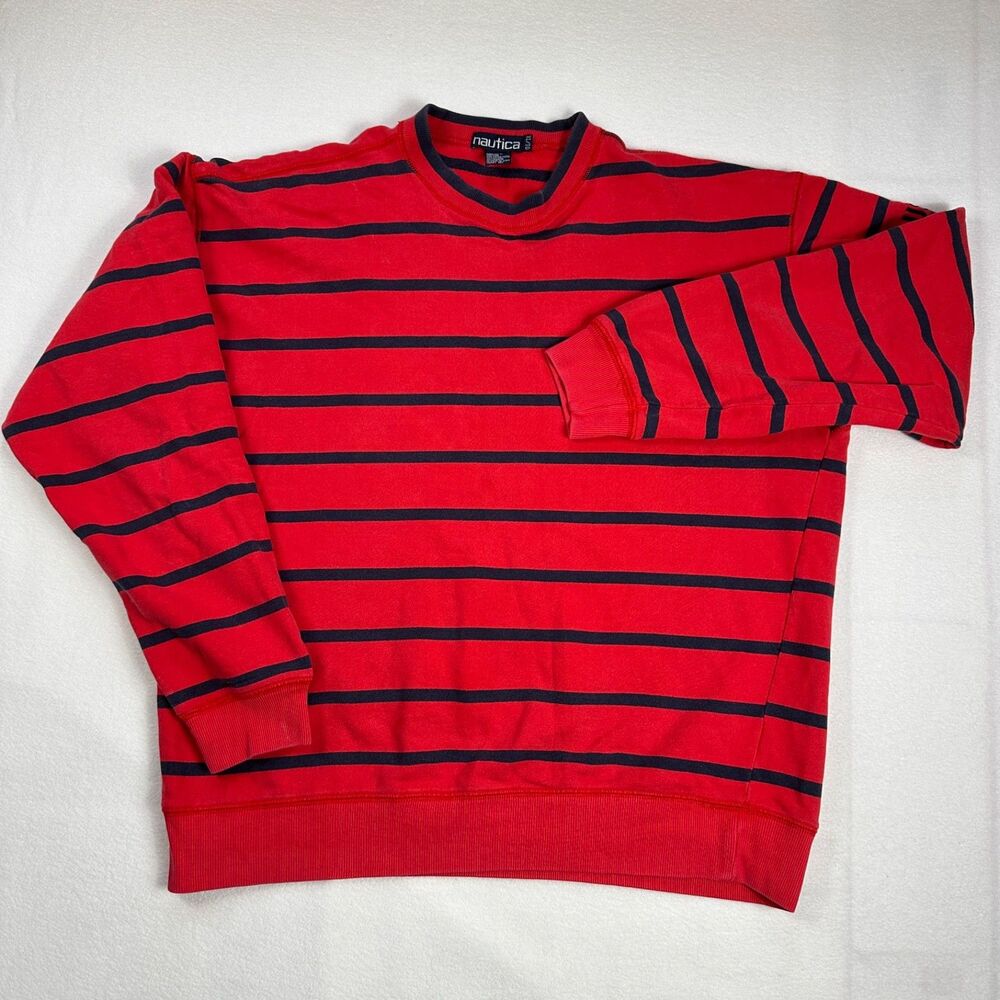 Nautica Men's Red Navy Blue Striped Long Sleeve Crewneck Sweatshirt Size XL